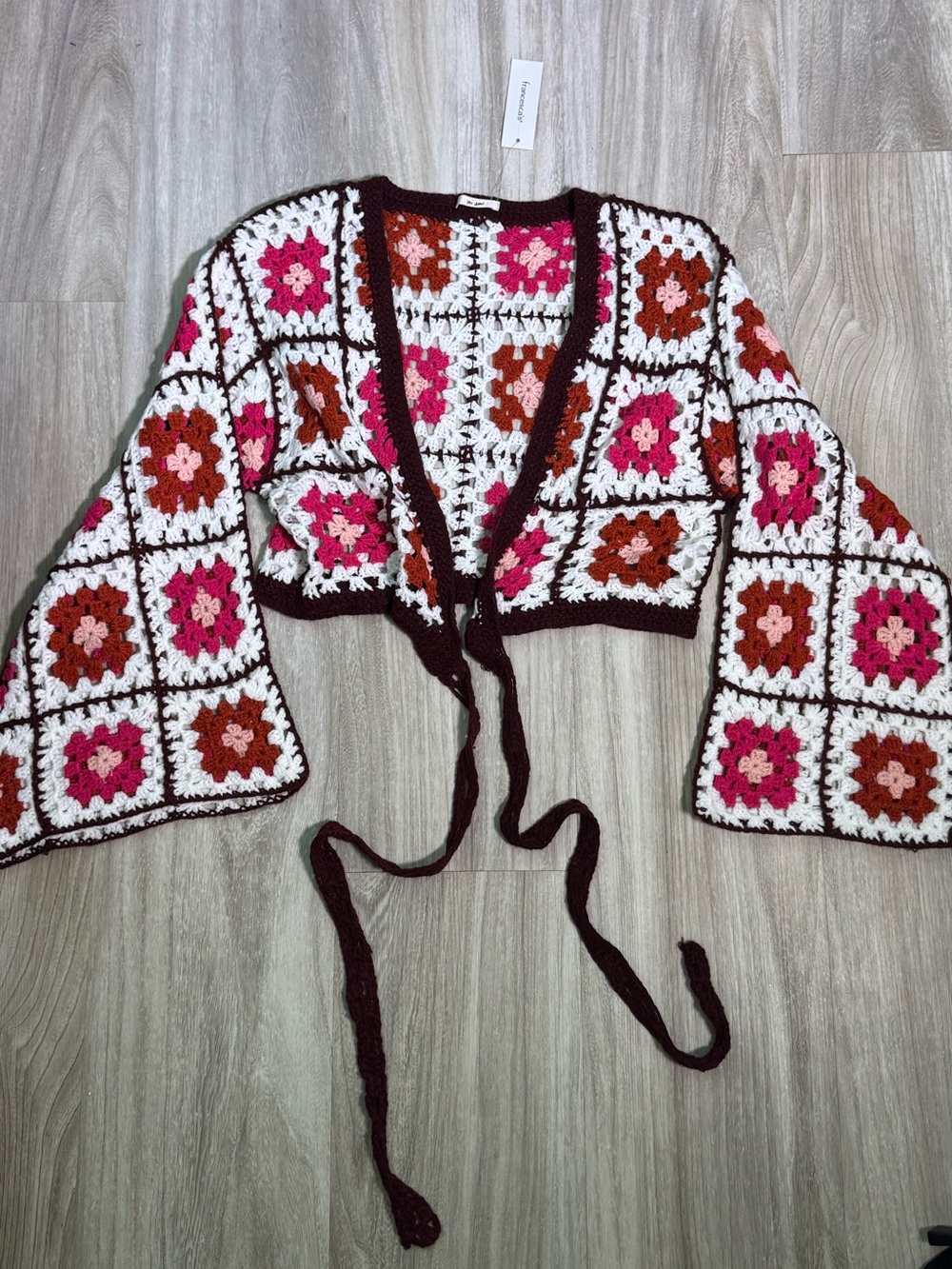 Crochet Granny Square Tie-Front bolero/shrug Cardigan - White, Pink & Brown